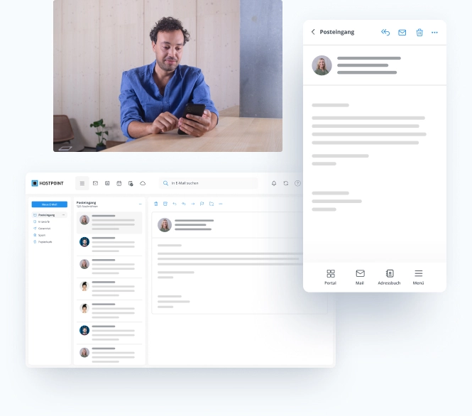 Anordnung von Screenshots und Bildern zur Veranschaulichung der E-Mail-Funktion