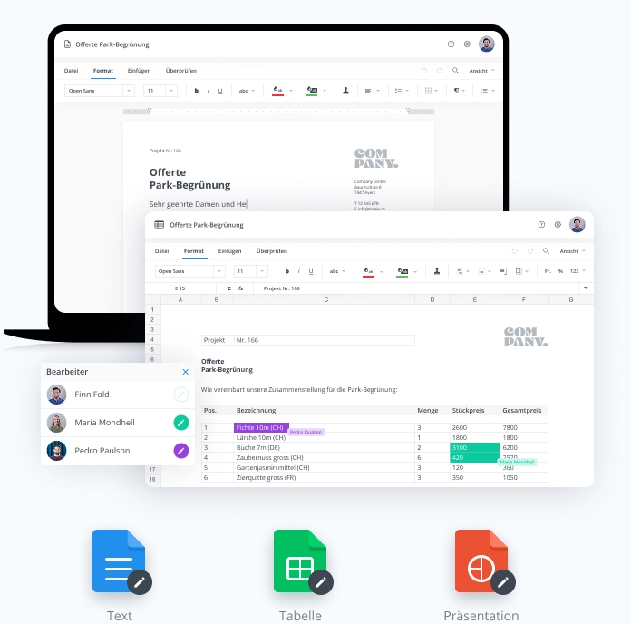 Anordnung von Screenshots und Icons zur Veranschaulichung der Documents-Funktion