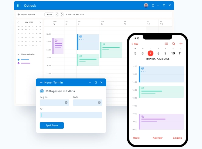 Anordnung von Screenshots zur Veranschaulichung der Kalender- und Adressbuch-Funktionen