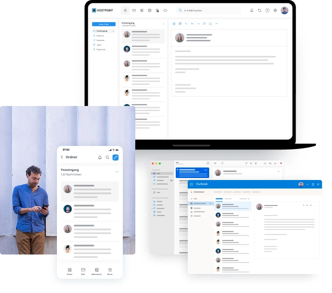 Anordnung von Screenshots und Bildern zur Veranschaulichung der E-Mail-Funktion