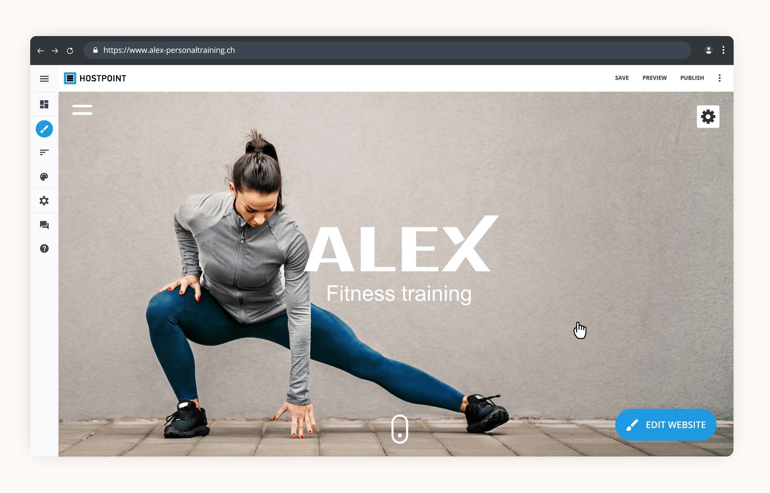 Display of the open Sites Editor with a website for personal training