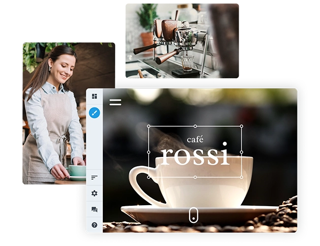 Disposition de deux photos avec une machine à café barista et une serveuse, et animation d’un café fumant
