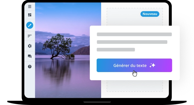 Affichage d’un ordinateur portable avec l’éditeur de Sites ouvert et un bouton de génération de texte avec IA