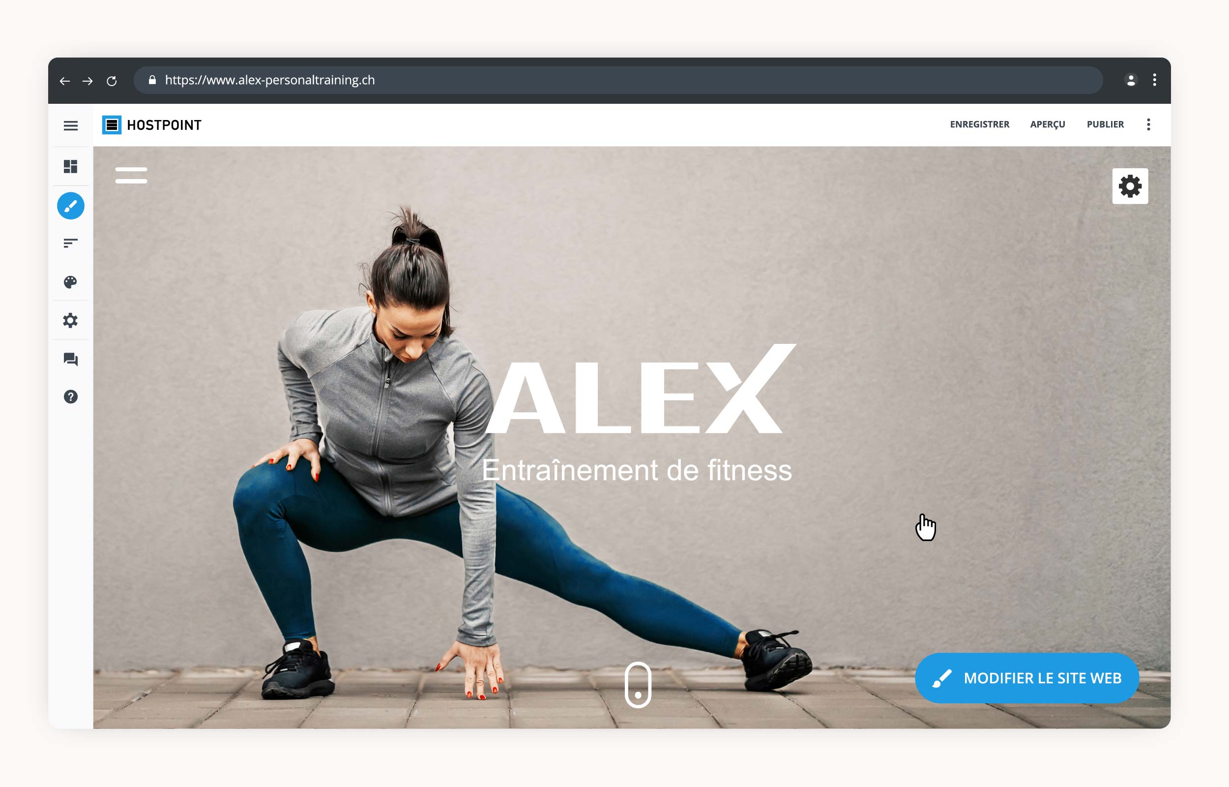 Affichage de l’éditeur de Sites ouvert avec un site Web dédié au coaching personnel