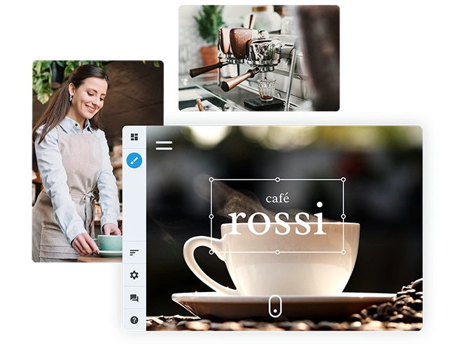 Anordnung zweier Fotos einer Barista-Kaffeemaschine und einer Kellnerin sowie eine Animation mit einem dampfenden Kaffee