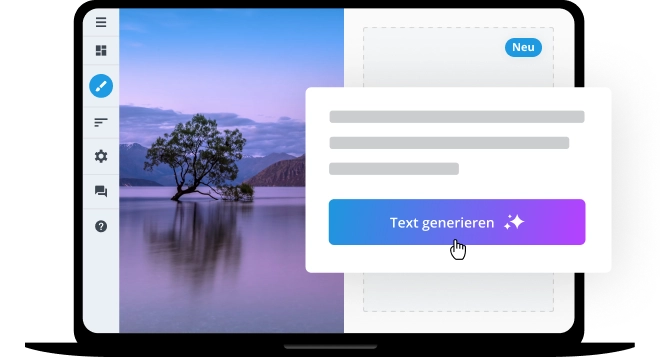Darstellung eines Laptops mit geöffnetem Sites-Editor und einem Button zur Textgenerierung mit KI